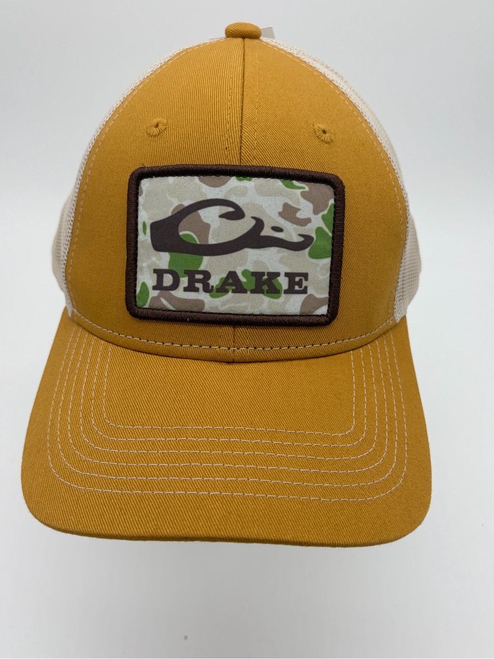 Drake Mustard and Tan Trucker Hat with Camo Logo Patch
